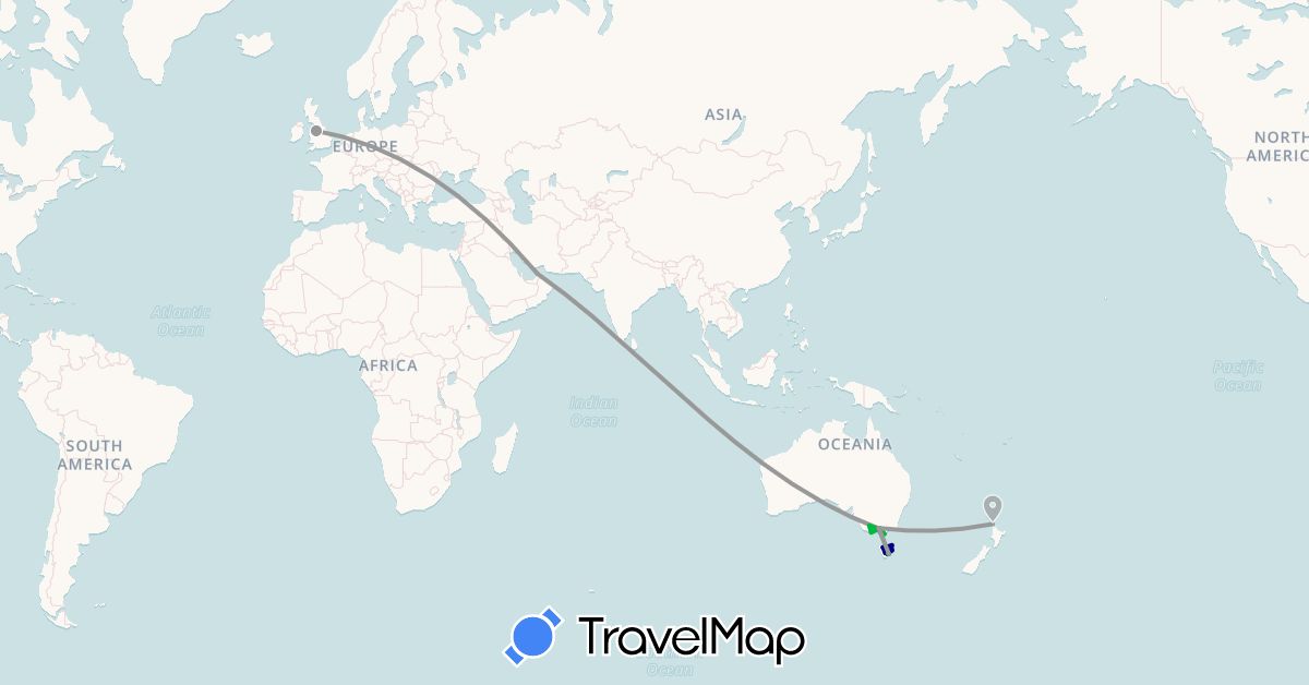 TravelMap itinerary: driving, bus, plane, boat in United Arab Emirates, Australia, United Kingdom, New Zealand (Asia, Europe, Oceania)